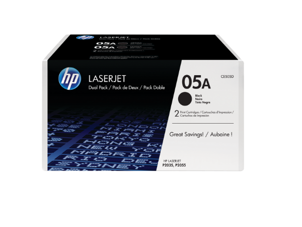 HP 05A Black Dual Pack LaserJet Toner Cartridges for P2035, P2055 - CE505D