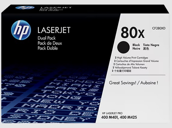 HP 80X 2-pack High Yield Black Original LaserJet Toner Cartridges for LaserJet Pro 400 M401, 400 M425 - CF280XD